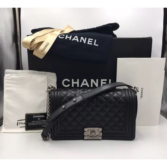 Chanel Le Boy Bag Old Medium Black Caviar Leather Ruthenium Hardware Flap Chain - Picture 1 of 16